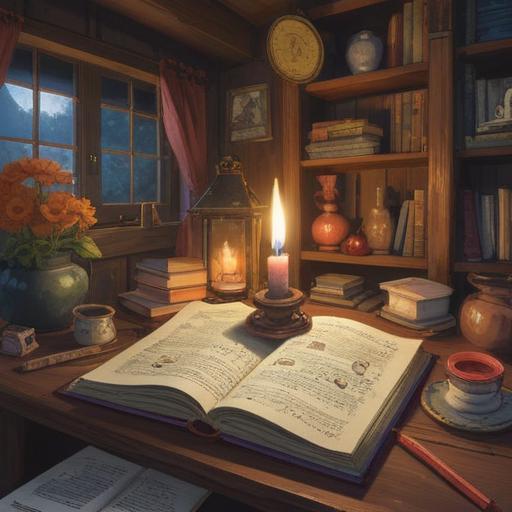 A serene still life composition, various calming items arranged thoughtfully, a journal and pen symbolizing reflection, a scented candle exuding tranquility, a cup of herbal tea releasing steam, soft natural lighting, soothing colors, peaceful atmosphere, mindfulness and self-care theme, 4k