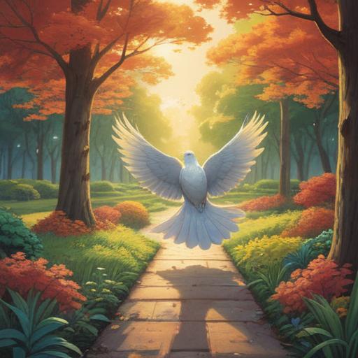 A serene illustration of a dove approaching a person in a tranquil park, soft sunlight filtering through trees, symbolic depiction of peace and spirituality, gentle expressions on both the dove and the person, lush greenery, spiritual awakening, harmonious atmosphere, warm and inviting setting, 4k