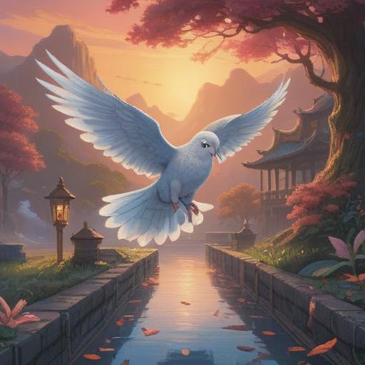 A serene scene with a dove approaching, soft ethereal light surrounding it, symbols of peace and spirituality in the background, a calm individual observing the dove, nature elements like flowers and trees enhancing the spiritual ambiance, a clear sky representing clarity, warm and inviting color palette, 4k