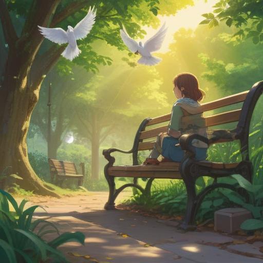 A serene park scene, a person sitting on a bench, a dove gently landing nearby, bright sunlight filtering through green leaves, expressions of wonder and curiosity, lush greenery, a sense of hope and new beginnings, vibrant colors, 4k