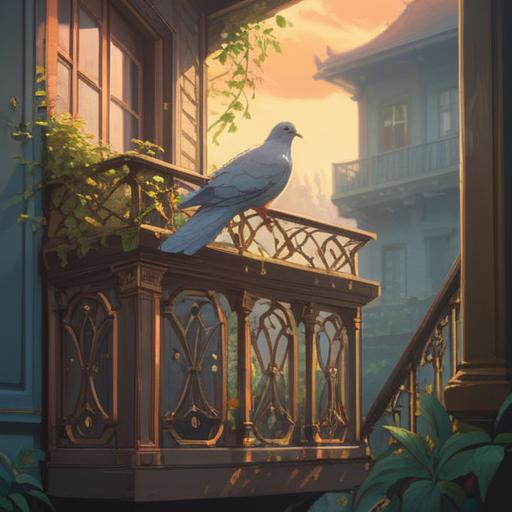 A serene balcony scene, a dove perched gracefully on the railing, soft sunlight filtering through leaves, a tranquil atmosphere, symbolic representation of peace and love, connecting nature and spirituality, gentle breeze, vibrant flowers in the background, harmonious setting, 4k