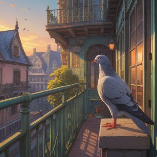 A serene scene of a pigeon visiting a balcony, soft morning light, a sense of peace and tranquility, symbolic of spiritual signs, lush green plants surrounding, gentle breeze in the air, warm and welcoming atmosphere, detailed textures in feathers, 4k
