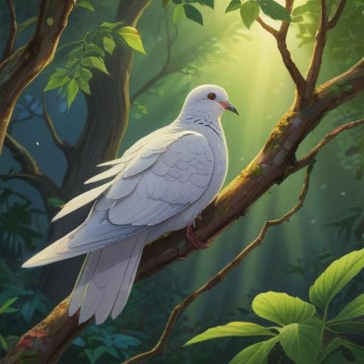 A serene scene depicting a dove perched on a tree branch, surrounded by a tranquil environment, sunlight filtering through the leaves, gentle breeze, with bird droppings symbolizing spiritual messages, vibrant nature, peaceful atmosphere, symbolic interpretation, 4k