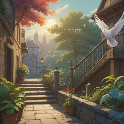 A serene urban scene, a dove perched gracefully on a stone railing, sunlight filtering through the trees, hints of spiritual symbols in the background, gentle breeze rustling the leaves, peaceful atmosphere, captivating details on the dove's feathers, warm and inviting colors, 4k