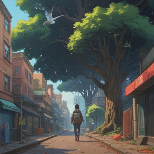 A serene urban setting, a person walking under a tree, a pigeon perched above, a sudden drop of droppings, the person looking surprised, soft light filtering through leaves, subtle symbolism of guidance, cautionary signs in nature, reflective mood, harmonious atmosphere, thoughtful expression, 4k