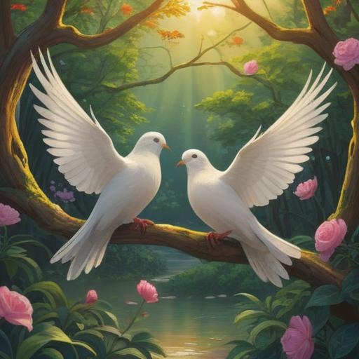 A pair of doves symbolizing love and peace, serene garden setting, gentle sunlight filtering through trees, intricate symbolism of fidelity and harmony, soft feather details, clear blue sky, conveying spiritual connection and tranquility, 4k