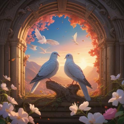 A pair of doves perched together, surrounded by a glowing aura, symbolizing peace and love, serene natural setting with soft sunlight filtering through leaves, gentle breeze creating ripples in a nearby pond, harmonious atmosphere, intricate feather details, representing spiritual connection and positive signs, 4k