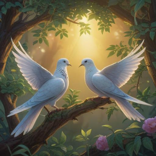 A serene scene depicting a pair of doves gracefully perched on a branch, vibrant greenery surrounding them, an ethereal light illuminating the moment, symbolizing love and harmony, subtle hints of spiritual energy in the air, tranquil atmosphere, inviting nature, 4k