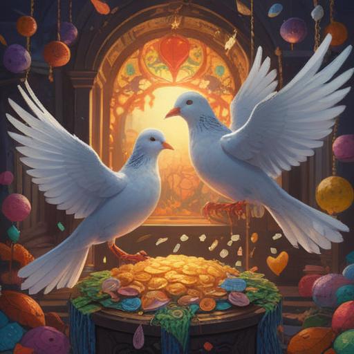 A pair of doves nestled together, symbolizing love and harmony, surrounded by shimmering lucky charms, vibrant colors, a soft light illuminating the scene, a serene garden setting, lush greenery in the background, petals gently falling, capturing a feeling of peace and fortune, 4k