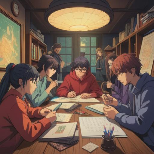 A vibrant scene depicting a diverse group of people collaborating around a large table filled with documents and digital devices, showcasing a whiteboard filled with colorful charts and notes, the atmosphere buzzing with ideas, a sense of teamwork and creativity, modern workspace, bright lighting, detailed expressions, 4k