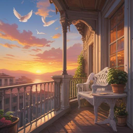 A peaceful scene of a balcony with a gentle sunrise, a white dove perched gracefully, symbolizing spirituality and peace, soft morning light illuminating the surroundings, calming atmosphere, vibrant greenery in the background, intricate details in the balcony design, conveying a sense of harmony and connection with nature, serene expression, 4k