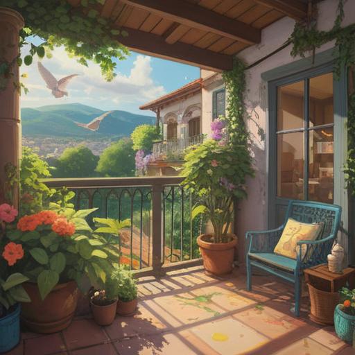 A serene outdoor scene featuring a cozy balcony adorned with vibrant flowers, a gentle dove landing gracefully, sunlight filtering through the leaves, an atmosphere of tranquility and spiritual significance, representing positive omens, soft breezes, calm surroundings, inviting space, uplifting vibe, 4k