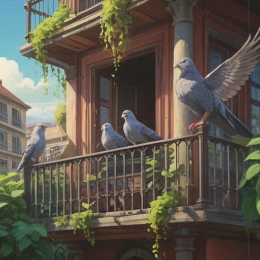 A spiritual warning signal conveyed by a pigeon on a balcony, serene atmosphere, gentle sunlight filtering through leaves, soft feathers glistening, the pigeon perched calmly, vibrant city skyline in the background, hints of mystical energy, reflective mood, detailed railing and flower pots, 4k