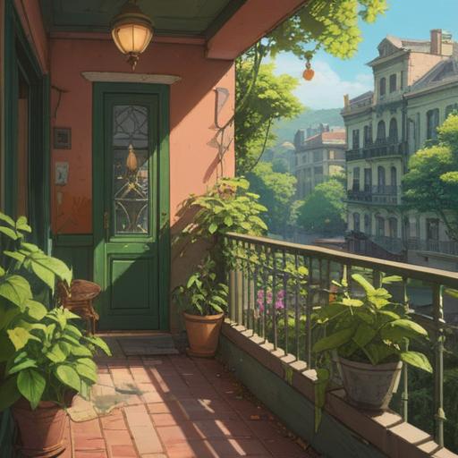 A serene balcony scene with a pigeon perched gracefully, sunlight filtering through lush green leaves, symbolic lucky items like a four-leaf clover and a horseshoe scattered around, vibrant colors, peaceful ambiance, a sense of hope and positivity, inviting atmosphere, soft focus background, 4k