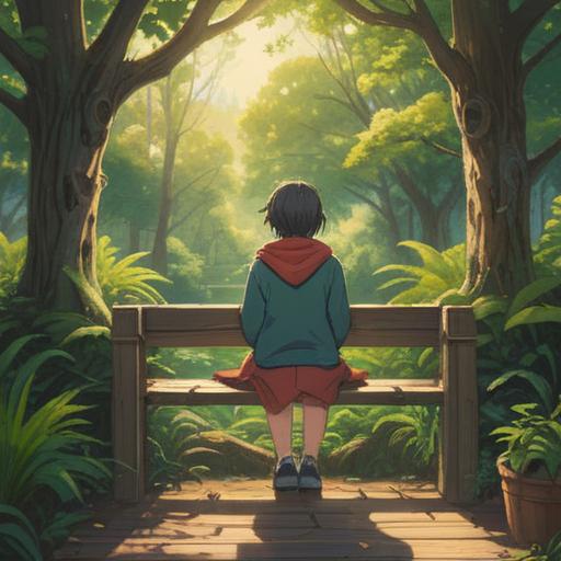 A serene outdoor scene, a person seated peacefully on a wooden bench, surrounded by lush greenery, soft sunlight filtering through the trees, a gentle cooing of pigeons nearby, an open notebook on their lap with positive affirmations, a small offering of seeds on the ground, vibrant flowers blooming around, a feeling of gratitude in the air, harmonious connection with nature, uplifting atmosphere, clear blue sky, 4k