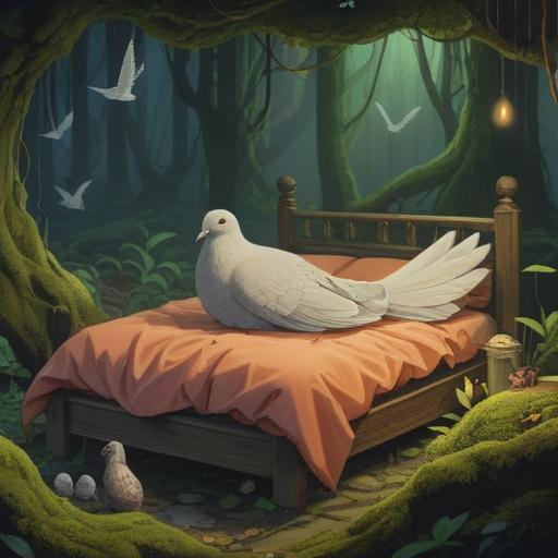 A serene and contemplative scene featuring a lifeless dove lying on a bed of soft moss, surrounded by ethereal light, symbols of peace and spirituality softly glowing, gentle flow of a nearby stream reflecting the tranquility, wisps of mist hovering above, evoking a sense of loss and reflection, 4k