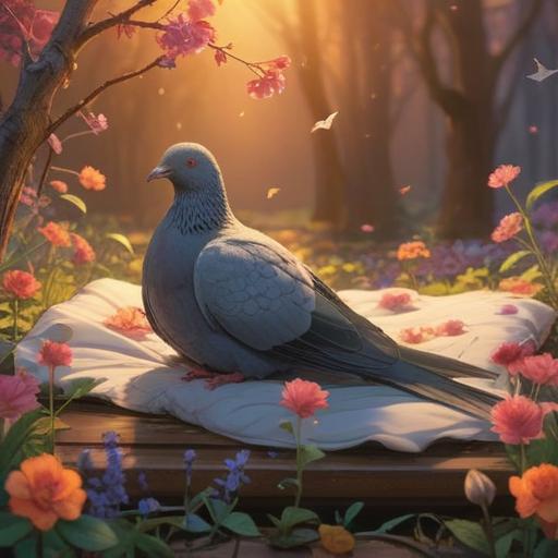 A serene and symbolic scene depicting a dead pigeon lying on a soft bed of flowers, gentle sunlight filtering through the branches overhead, a sense of peace and tranquility surrounding the scene, ethereal glow illuminating the bird, various spiritual symbols subtly integrated into the background, emphasizing transformation and rebirth, 4k