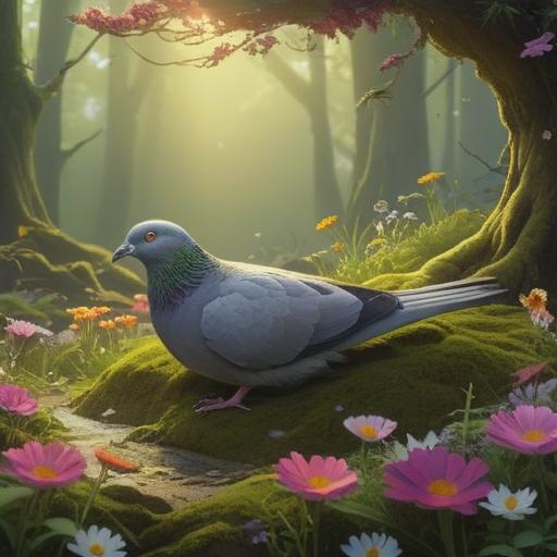 A serene and contemplative scene, a deceased pigeon lying gently on a bed of soft moss, surrounded by vibrant wildflowers, ethereal sunlight filtering through the trees, symbolic elements such as feathers drifting in the wind, mystical aura present, a sense of transition and awareness, spiritual symbolism, profound tranquility, 4k