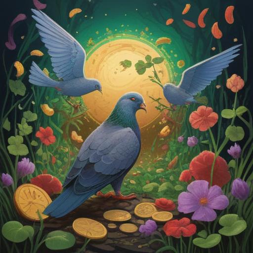 A surreal scene depicting a deceased pigeon as a symbol of luck, surrounded by vibrant four-leaf clovers, golden coins scattered on the ground, a bright blue sky in the background, whimsical details, a radiant sun shining down, lush green grass, a sense of unexpected fortune and serenity, magical realism elements, 4k