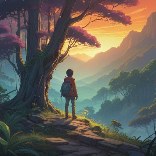 A serene landscape depicting a person standing at the edge of a forest, gazing towards a bright horizon, ethereal light filtering through the trees, symbolic representations of freedom and escape, elements of spirituality like glowing orbs, a gentle breeze creating a sense of movement, 4k