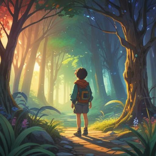 A serene landscape illustration, a person standing at a crossroads, ethereal light shining through trees, subtle signs in nature like feathers and stones, symbols of spiritual guidance, tranquil atmosphere, introspective expression, 4k