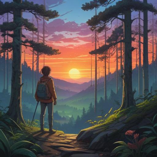 A serene scene depicting a person standing at the edge of a forest, looking towards a bright sunrise symbolizing new beginnings, elements of introspection and growth, nature surrounding them with lush greenery and blooming flowers, a winding path ahead leading into the unknown, soft rays of sunlight illuminating their face, sense of calm and determination, 4k