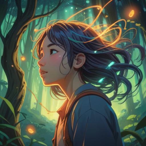 A mystical illustration depicting a person observing strands of hair floating in the air, soft ethereal glow, vibrant spiritual energy, serene forest background, symbolic imagery with a deep sense of connection to the universe, harmonious color palette, calm and reflective mood, intricate details, 4k