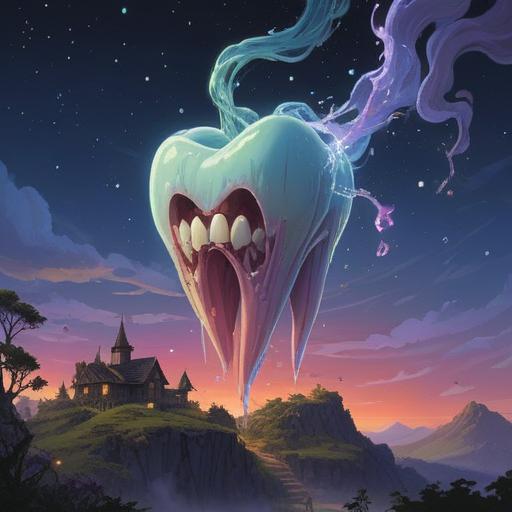 A mystical illustration depicting a lost tooth resting under a starry sky, surrounded by swirling ethereal light, tiny spirits dancing around, symbolic of transformation and growth, a peaceful and serene atmosphere, deep connection to spirituality, finely detailed textures, 4k