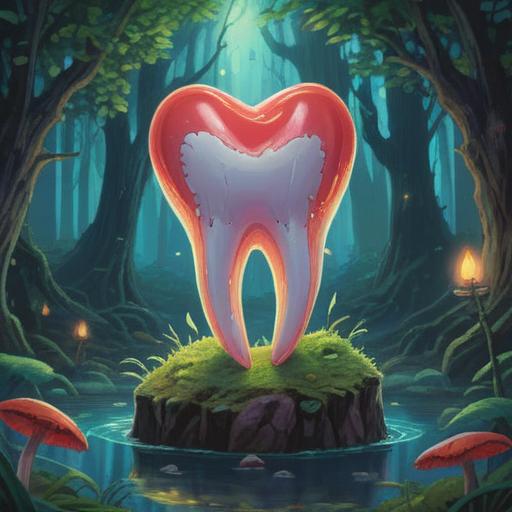A mystical illustration of a tooth in a serene setting, glowing softly, surrounded by gentle light, symbolizing spiritual signs, a calming aura, nature elements like flowers and trees, peaceful atmosphere, ethereal background, 4k