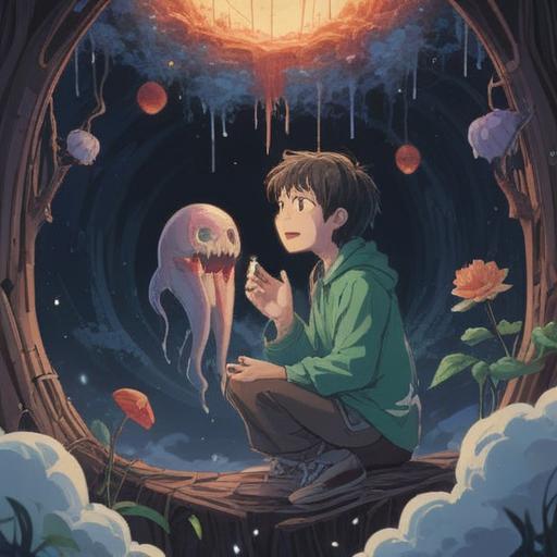 A mystical scene depicting a person examining a lost tooth, surrounded by ethereal light, symbolic representations of spiritual guidance, subtle hints of transformation, mystical flora and fauna, an aura of introspection, dreamlike atmosphere, symbolic elements reflecting change and growth, 4k