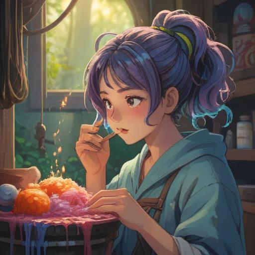 A serene and mystical scene of a person dyeing their hair, surrounded by soft ethereal light, vibrant colors symbolizing transformation, intricate patterns in the air representing energy flow, peaceful expression on the person's face, connection to self-discovery and spiritual growth, nature elements like flowers and flowing water in the background, 4k