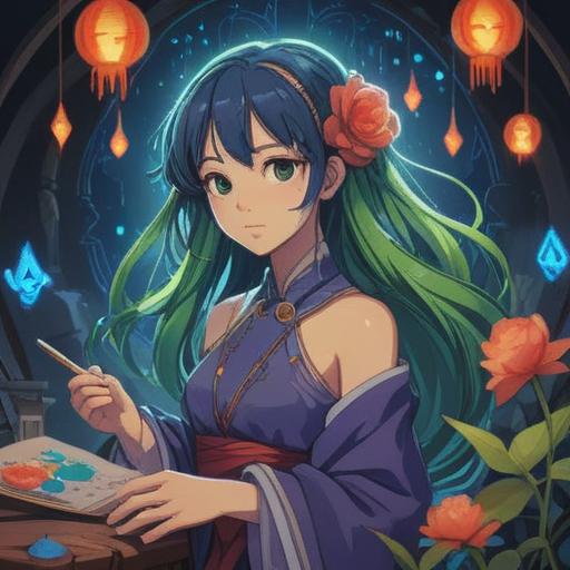 A serene and ethereal scene, a person dyeing their hair in a vibrant color, surrounded by glowing spiritual symbols, peaceful facial expression, nature backdrop with soft light filtering through trees, sense of transformation and renewal, spiritual energy radiating, harmonious colors blending, 4k