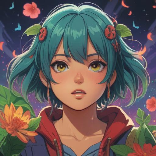 A vibrant illustration of a person joyfully showcasing their newly dyed hair, surrounded by symbols of good luck such as four-leaf clovers, lucky charms, and shooting stars, a bright and colorful environment, cheerful expression, playful atmosphere, engaging composition, 4k