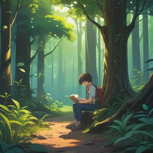 A soothing scene depicting a person sitting quietly in a serene environment, gentle sunlight filtering through trees, soft greenery around, a notebook in their lap, deep in thought, reflecting on their new hair color, peaceful expression, engaging in self-care activities, surrounded by calming elements, 4k