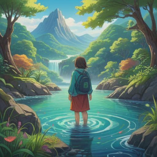 A serene illustration depicting a person in a peaceful setting, surrounded by flowing water and gentle nature, symbolizing spiritual cleansing, deep connection to natural elements, reflections of inner tranquility, embracing one's natural self, lush greenery and soft light, 4k
