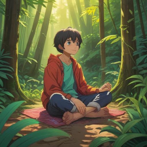 A serene, meditative scene depicting a person sitting cross-legged in nature, surrounded by lush greenery and soft sunlight filtering through the trees, conveying tranquility and inner peace, symbols of spirituality around, like gentle flowing water and blooming flowers, representing the positive signs of spiritual growth, calm and uplifting atmosphere, harmonious connection with nature, vibrant colors, 4k