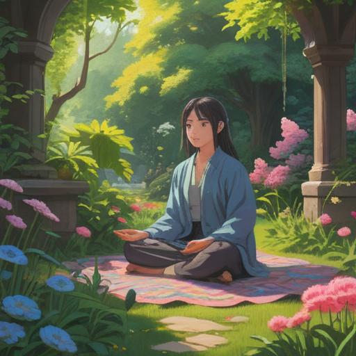 A serene scene depicting a person meditating in a peaceful garden, surrounded by blooming flowers and gentle sunlight, fostering self-love and personal growth, soft colors, tranquil atmosphere, detailed nature elements, introspective mood, 4k