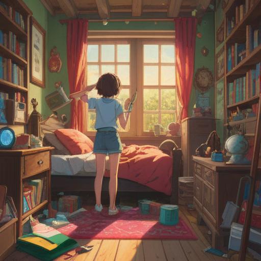 A whimsical scene of a person waking up with scissors in hand, surrounded by sparkling lucky items, bright morning light streaming through the window, colorful dream-like aura, soft and playful atmosphere, elements of fortune like four-leaf clovers and horseshoes, detailed facial expression showing surprise and joy, 4k