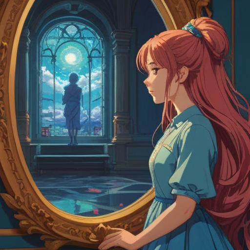 A serene moment of reflection, a person contemplating in front of a mirror, vibrant hair flowing, soft light illuminating the scene, symbolic imagery of transformation, ethereal atmosphere, connection to self-discovery, colors representing emotions, 4k