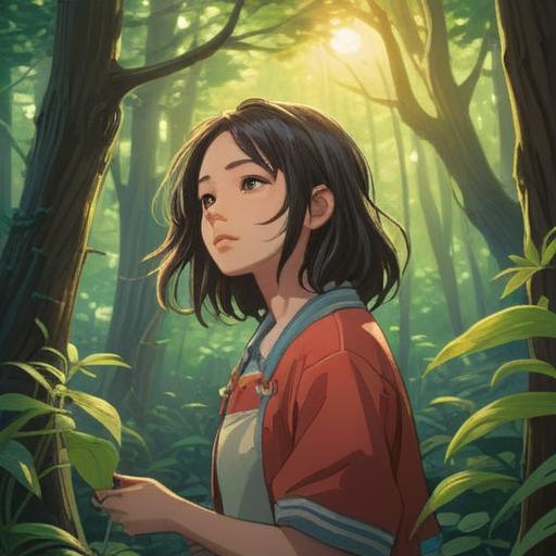 A serene scene of a person cutting their hair in a tranquil nature setting, sunlight streaming through the trees, symbolic of transformation and renewal, gentle breeze carrying away hair strands, reflecting personal growth and spiritual awakening, peaceful expressions, lush greenery, harmonious atmosphere, 4k