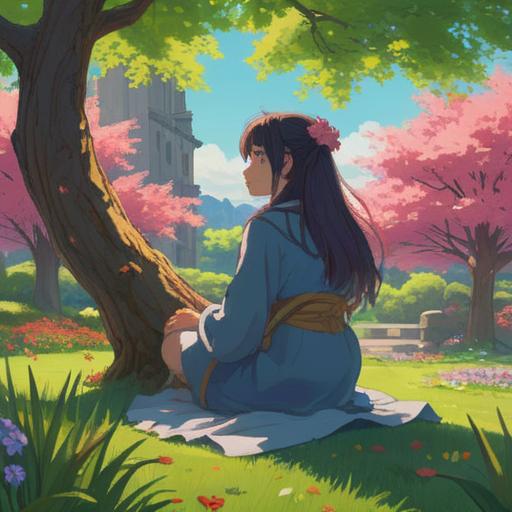 A serene and introspective scene, a person sitting in a peaceful garden, contemplating under a blooming tree, gentle breeze moving hair, symbolic scissors and hair strands drifting in the air, soft sunlight filtering through leaves, an atmosphere of reflection and transition, vibrant colors and harmonious nature, 4k