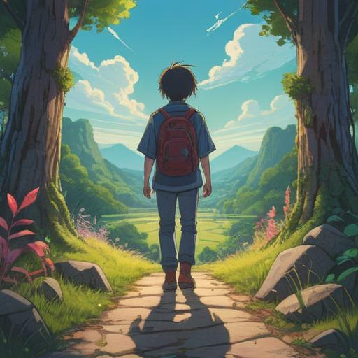 A journey of self-discovery, a person standing at a crossroads, contemplating different paths, vibrant nature surrounding them, symbolic representations of growth and change, sunlight breaking through clouds, inspirational mood, 4k