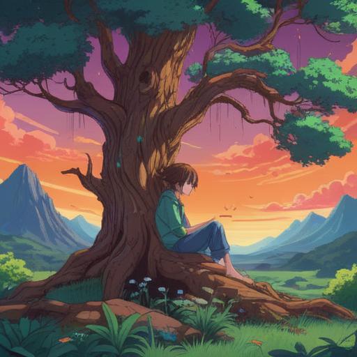 A heartfelt illustration depicting the struggle of wanting to keep one's hair, representing spiritual attachment, a person sitting under a tree, hands gently holding long hair, serene facial expression, nature surrounding them, soft light filtering through leaves, symbolic elements like feathers and butterflies, calming atmosphere, 4k