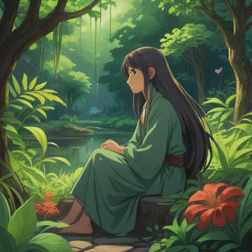A serene and introspective scene, a person sitting in a lush green garden, contemplating their long hair flowing gently in the breeze, ethereal light filtering through the trees, symbolic butterflies fluttering around, representing transformation and change, thoughtful expression on the person's face, surrounded by vibrant flowers, a sense of calm and peace, spiritual connection with nature, inviting atmosphere, 4k