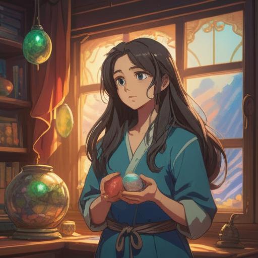 A person standing in a sunlit room, holding a beautiful lucky stone, contemplating their long hair, emotions of hesitation and determination, soft light filtering through the window, vibrant colors, a sense of hope and transformation, delicate details in hair and stone, 4k