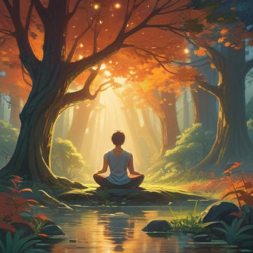 A serene landscape reflecting inner peace, a person meditating under a large tree, rays of sunlight breaking through the leaves, gentle flowing water in the background, symbols of clarity and self-discovery, harmonious colors, tranquil atmosphere, 4k