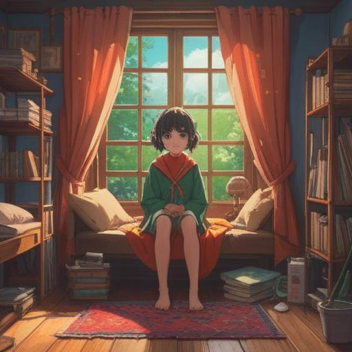 A serene and introspective scene, a young person sitting in a cozy, sunlit room, surrounded by soft, flowing curtains, contemplating a pair of scissors and a mirror, light illuminating their face as they experience a moment of clarity, symbols of transformation and renewal in the air, calming colors, gentle atmosphere, spiritual energy, 4k