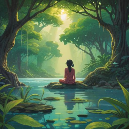 A serene, mystical landscape, lush greenery and flowing water, a figure meditating beneath a large tree, light filtering through the leaves, long hair flowing gracefully in the breeze, a sense of tranquility and connection to nature, spiritual awakening and growth, vibrant colors, harmonious atmosphere, 4k