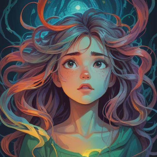 A spiritual illustration depicting tangled hair symbolizing connection and entanglement, ethereal atmosphere, flowing locks intertwining like vines, soft light filtering through, symbolism of life’s complexities, serene expression, harmonious colors, intricate details, deep emotional resonance, mystical elements, 4k
