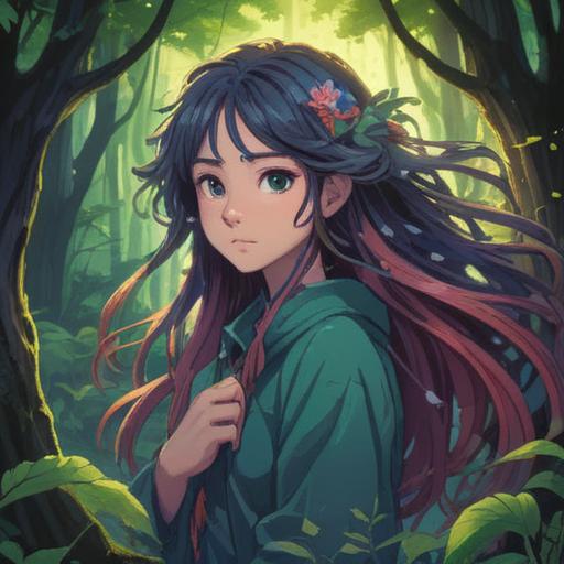 A mystical illustration depicting intertwined hair created by nature, symbolizing spiritual connections, tranquil forest setting, glowing ethereal light, serene atmosphere, harmonious energy flow, detailed textures of hair and foliage, 4k